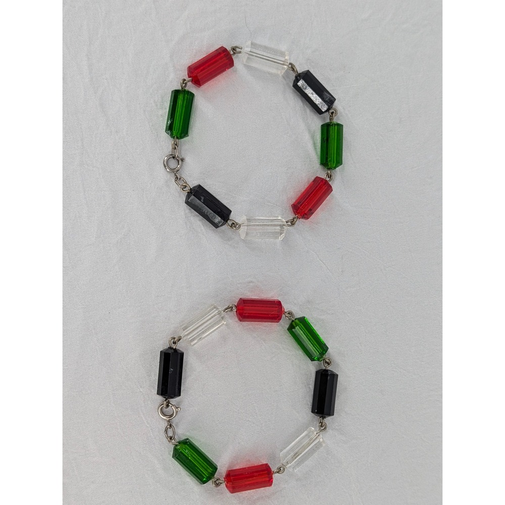 Vintage Beaded Acrylic Bracelet Set‎ Hexagon Column Red Green Black Clear 2pc 8"